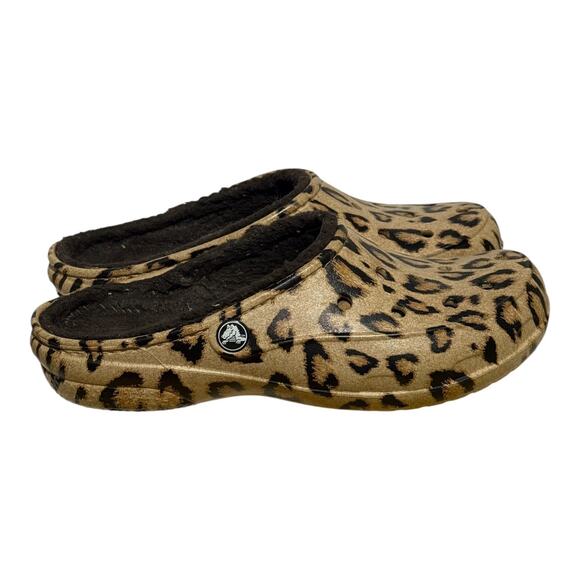 Crocs Women's Leopard Print Flats W8 Fuzzy Lined Slip-On Comfort Shoes - Picture 1 of 8